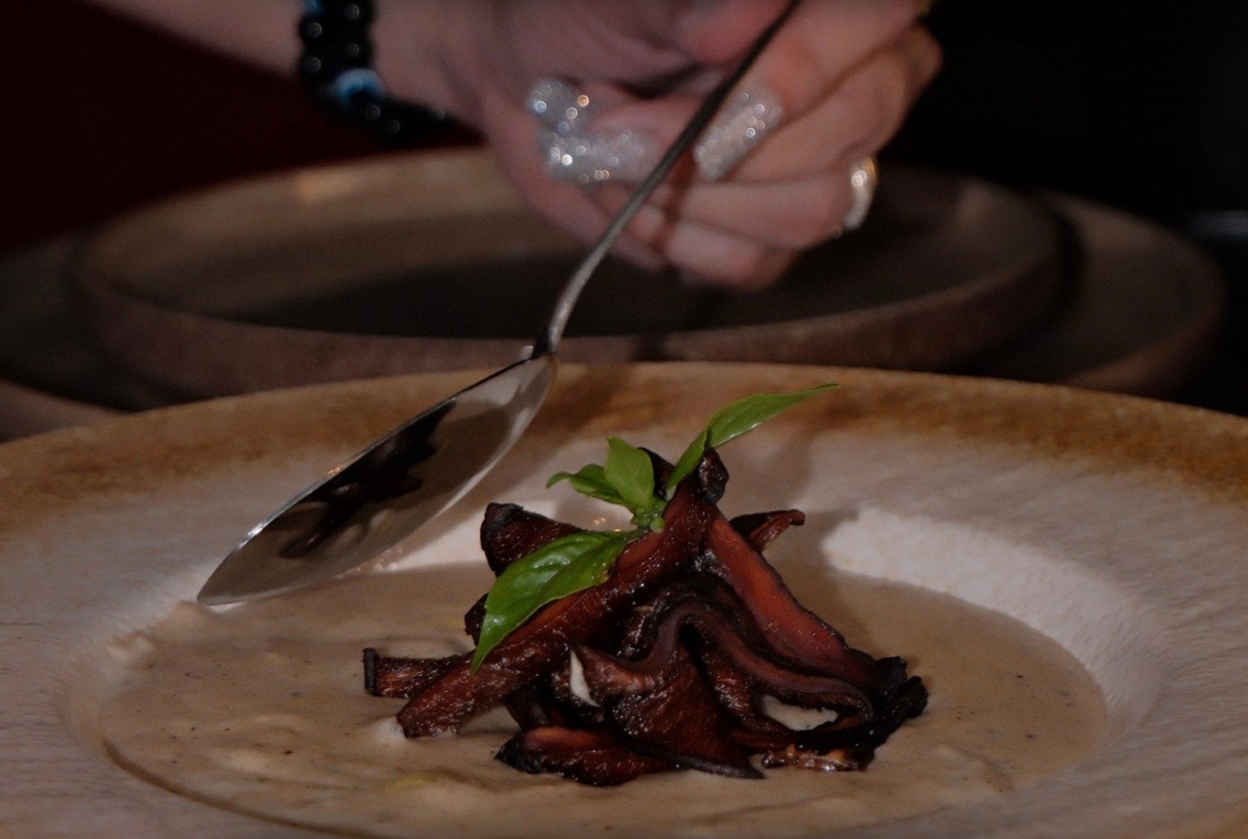 A bowl of dark mushroom truffle soup