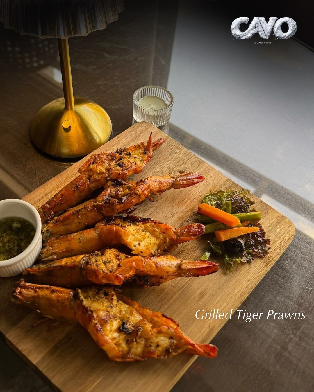 Cavo's card for the Grilled Tiger Prawns